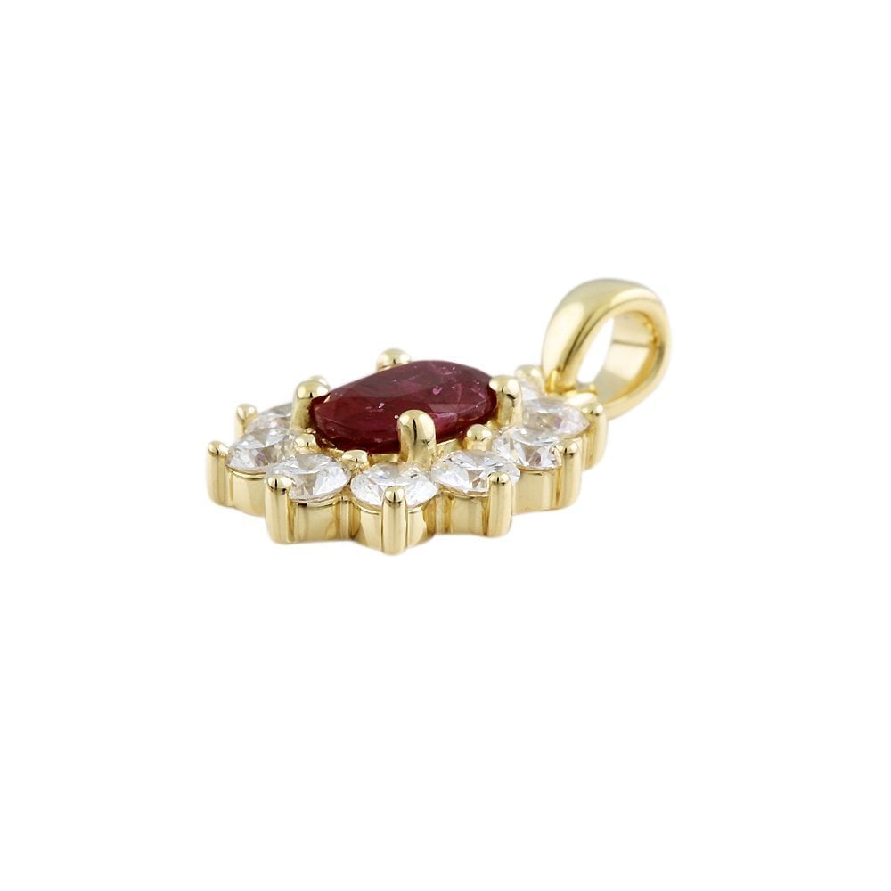 9ct Yellow Gold 0.85ct Round Brilliant Cut Diamonds and 0.95ct Oval Ruby Cluster Pendant