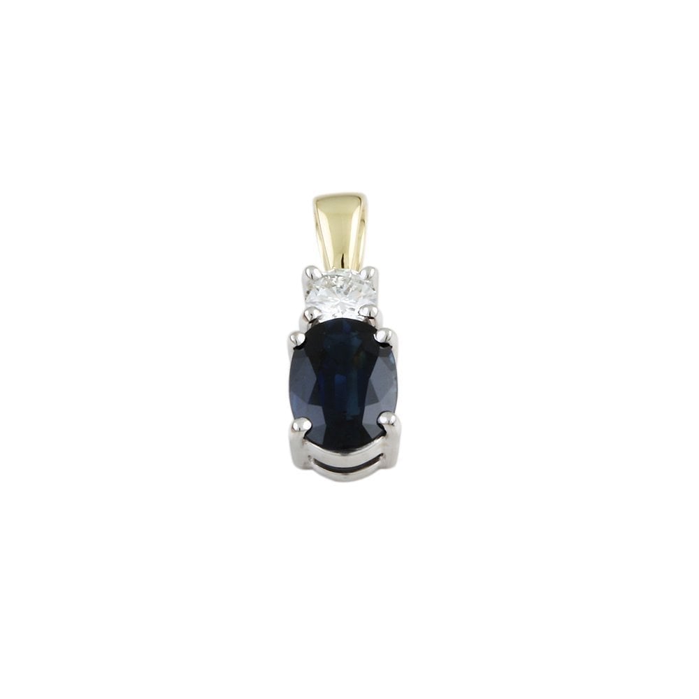 9ct Yellow and White Gold 0.20ct Round Brilliant Cut Diamond and 1.45ct Oval Blue Sapphire Pendant