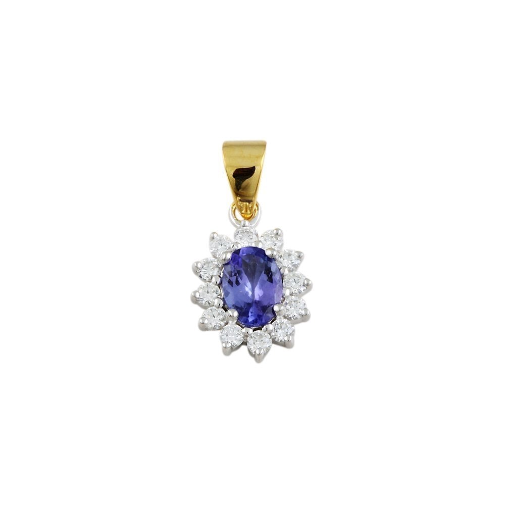 9ct Yellow and White Gold 0.35ct Round Brilliant Cut Diamonds and 0.65ct Oval Tanzanite Cluster Pendant