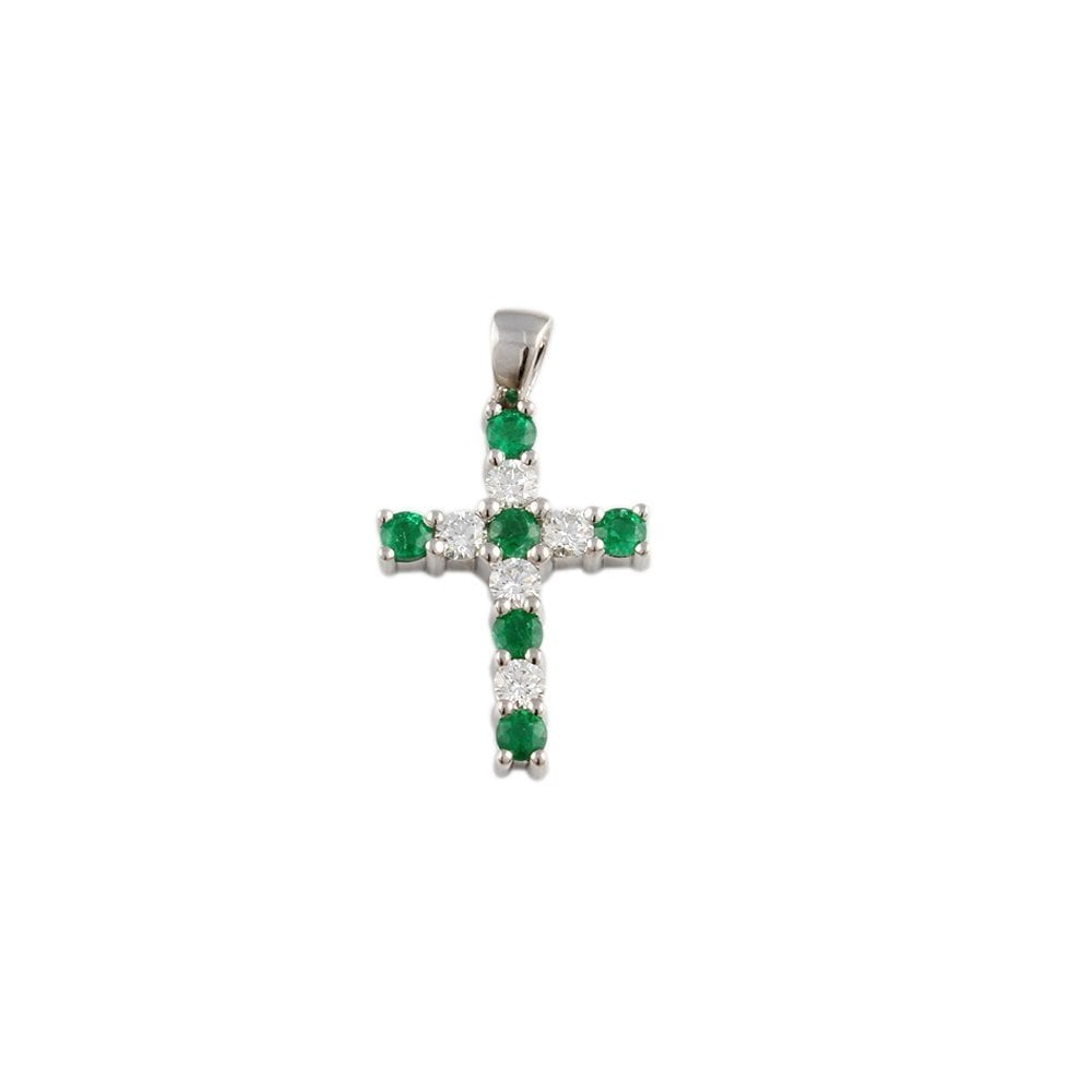 9ct White Gold 0.45ct Round Brilliant Cut Diamonds and 0.60ct Round Emerald Cross Pendant