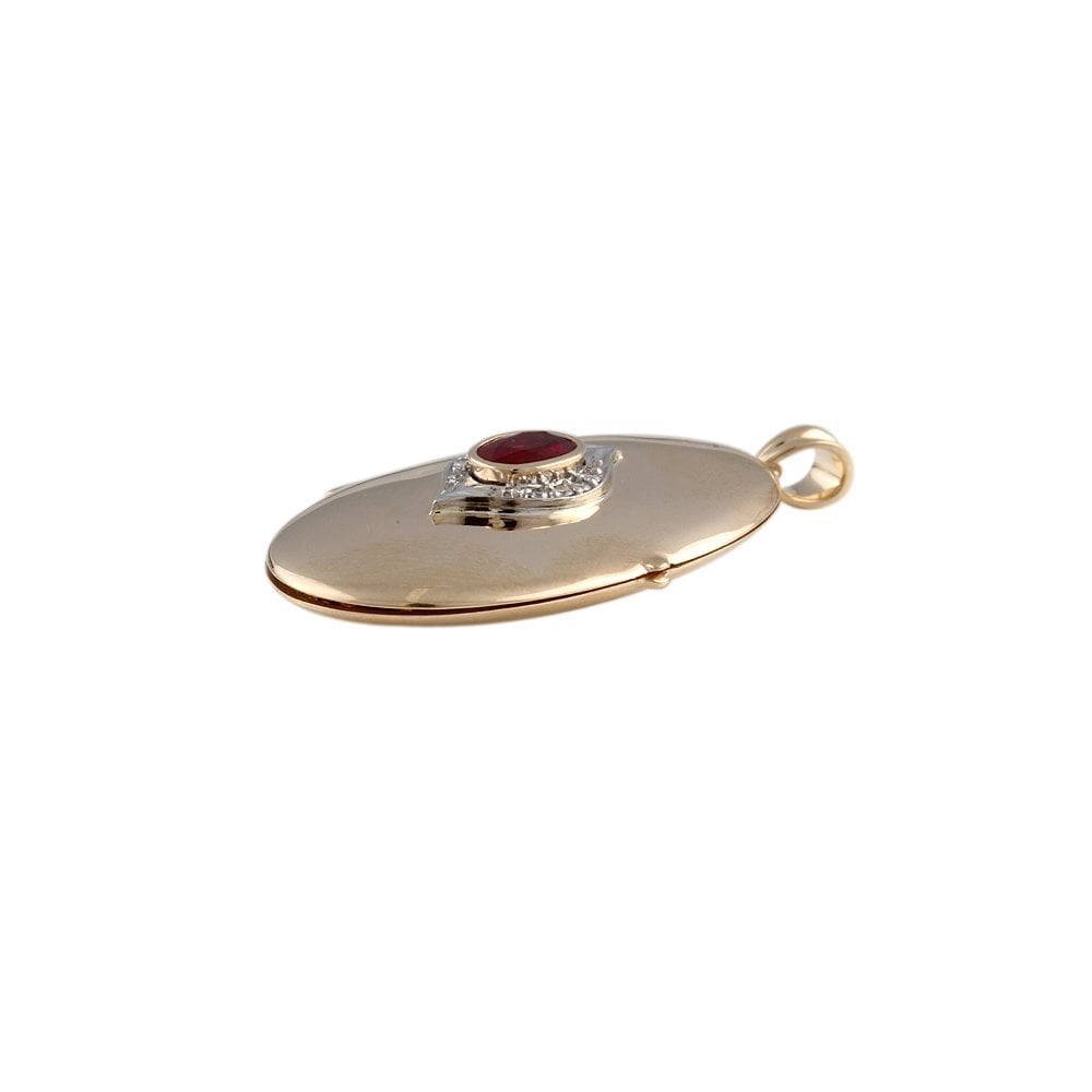 9ct Yellow and White Gold 0.08ct Round Brilliant Cut Diamonds and 0.85ct Oval Ruby Photo Pendant