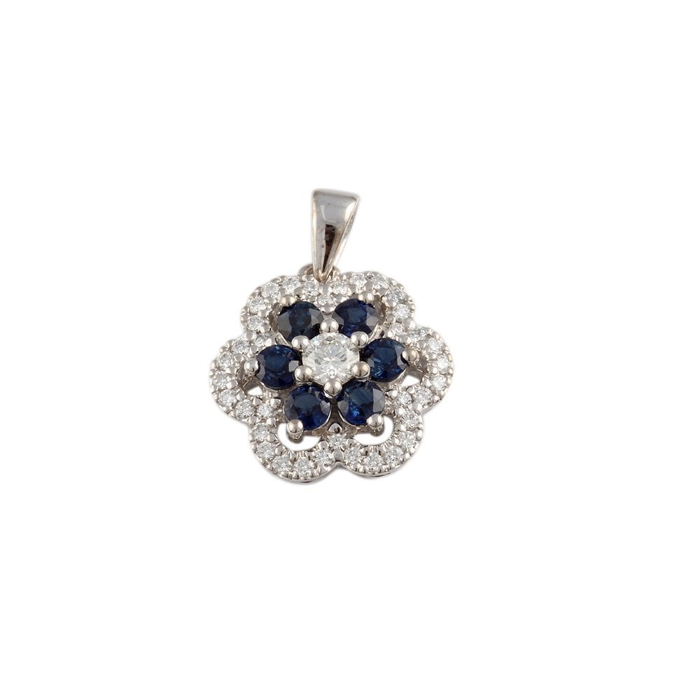9ct White Gold 0.60ct Round Brilliant Cut Diamonds and 1.20ct Round Blue Sapphire Flower Cluster Pendant