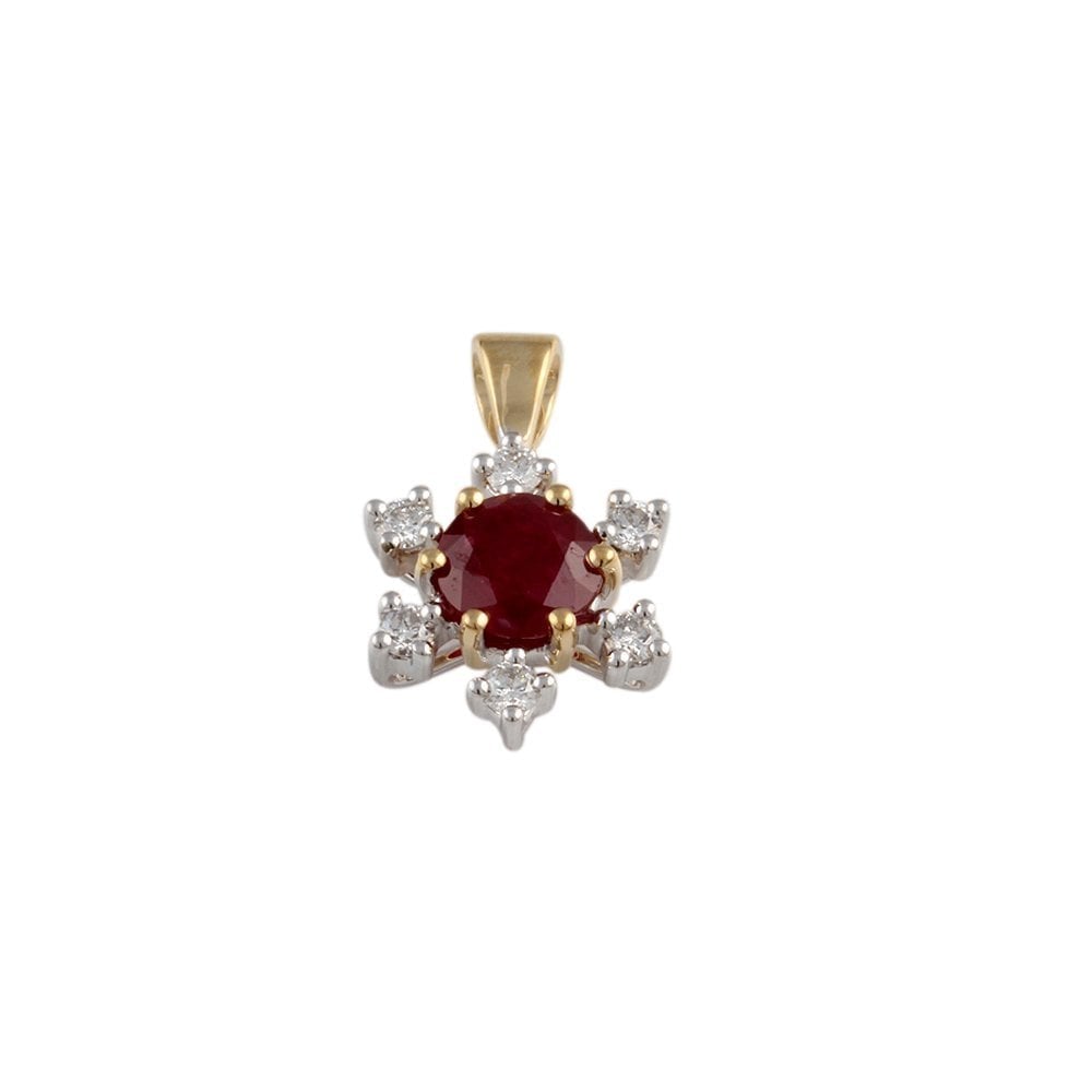 9ct Yellow and White Gold 0.20ct Round Brilliant Cut Diamond and 1.00t Round Ruby Flower Cluster Pendant