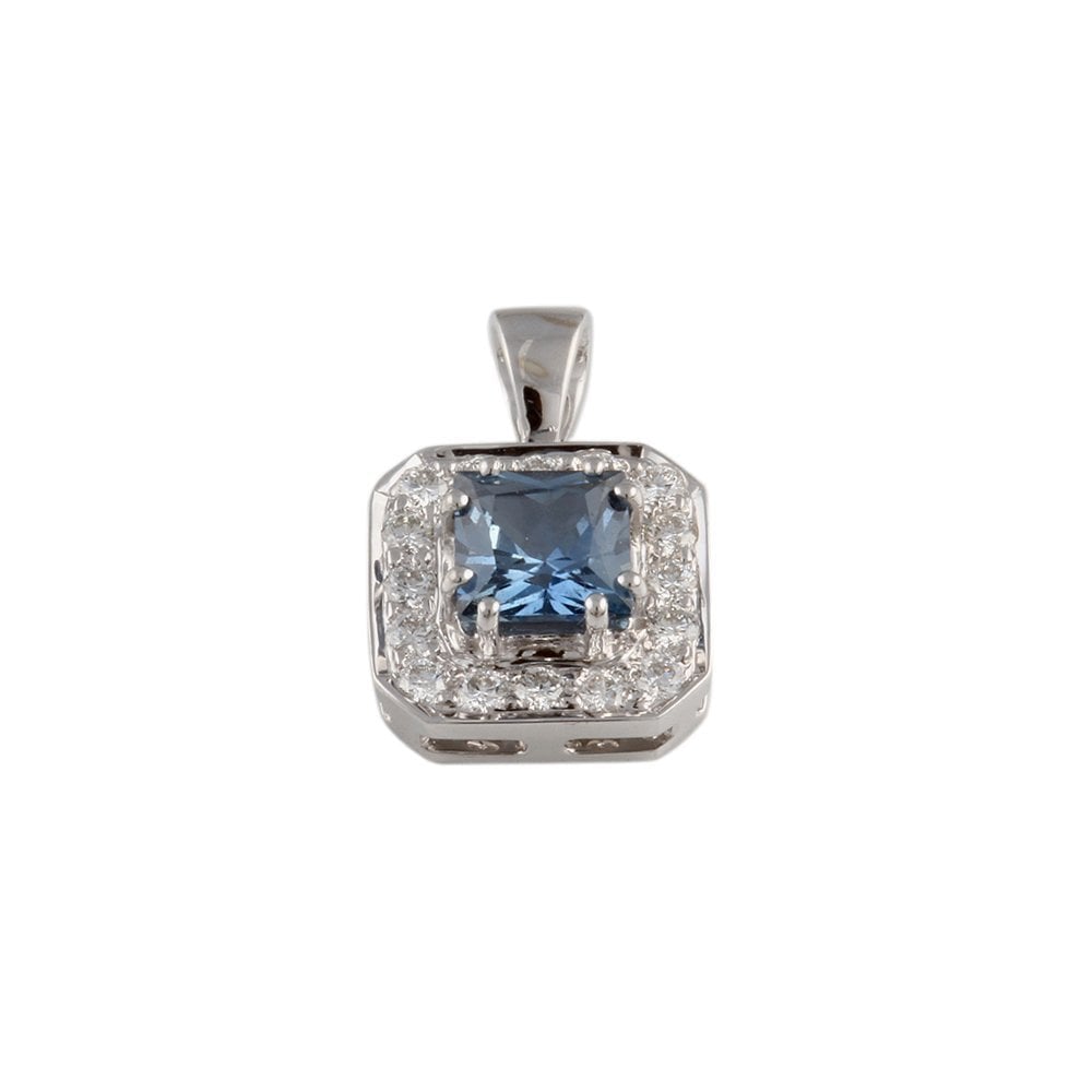 9ct White Gold 0.30ct Round Brilliant Cut Diamonds and 1.10ct Square Blue Sapphire Cluster Pendant