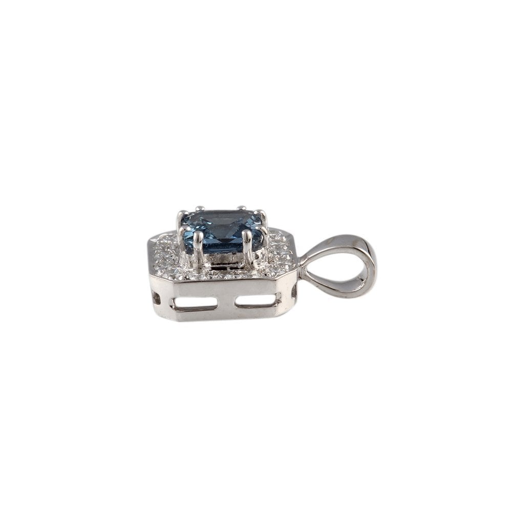 9ct White Gold 0.30ct Round Brilliant Cut Diamonds and 1.10ct Square Blue Sapphire Cluster Pendant
