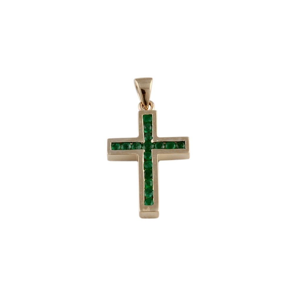 9ct Yellow Gold 0.35ct Round Emerald Cross Pendant