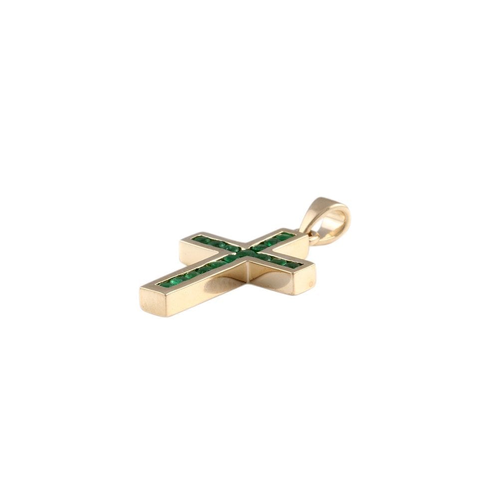 9ct Yellow Gold 0.35ct Round Emerald Cross Pendant