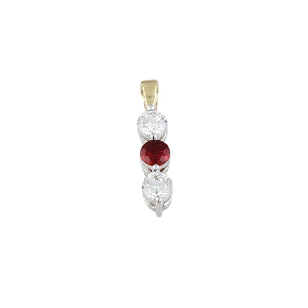 9ct Yellow and White Gold 0.50ct Round Brilliant Cut Diamonds and 0.25ct Round Ruby Pendant