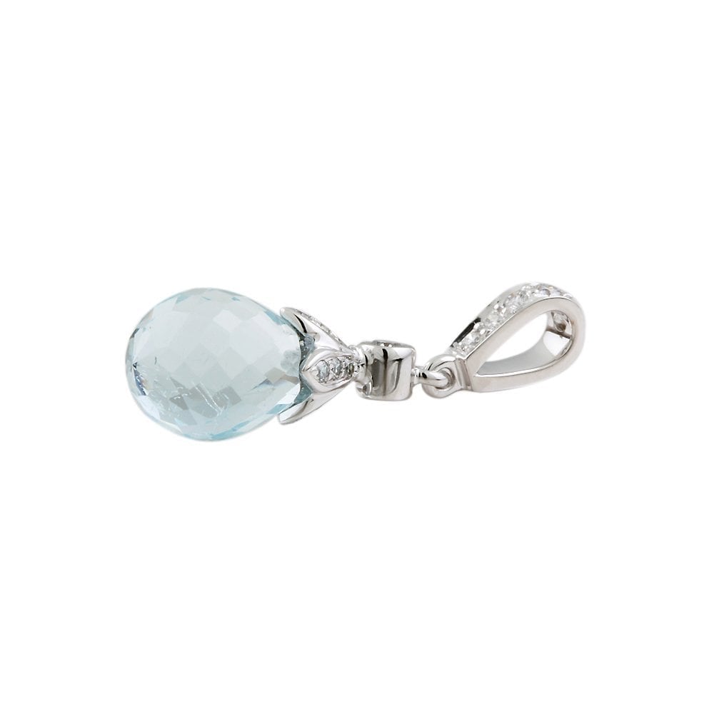 9ct White Gold 0.18ct Round Brilliant Cut Diamond and 3.40ct Drop Shaped Aquamarine Pendant