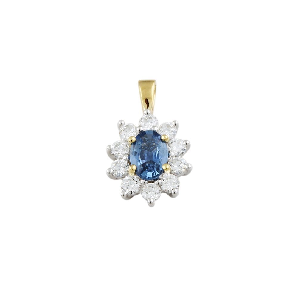 9ct Yellow and White Gold 0.60ct Round Brilliant Cut Diamonds and 0.80ct Oval Blue Sapphire Cluster Pendant