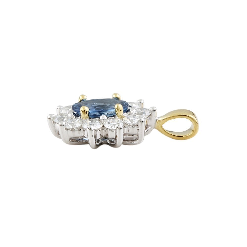 9ct Yellow and White Gold 0.60ct Round Brilliant Cut Diamonds and 0.80ct Oval Blue Sapphire Cluster Pendant