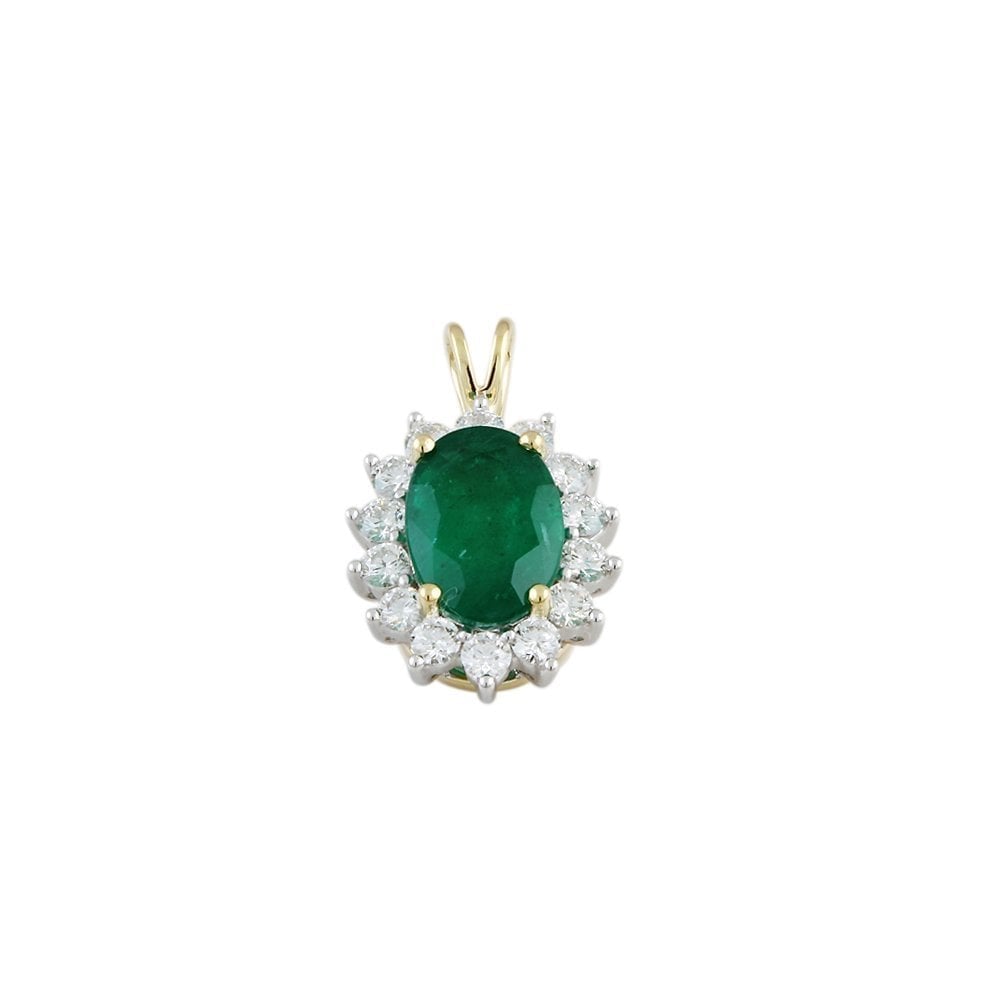 9ct Yellow and White Gold 0.80ct Round Brilliant Cut Diamonds and 2.70ct Oval Emerald Cluster Pendant