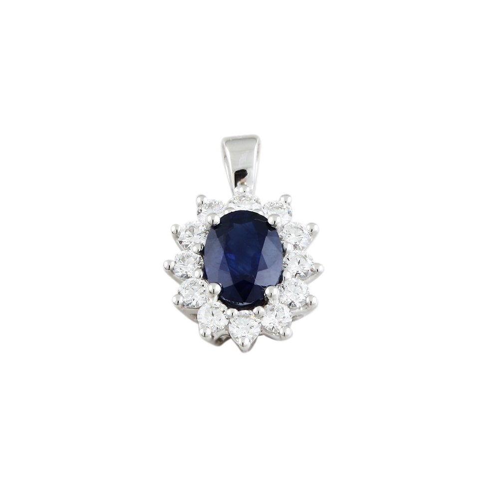 9ct White Gold 0.70ct Round Brilliant Cut Diamonds and 1.60ct Oval Blue Sapphire Cluster Pendant