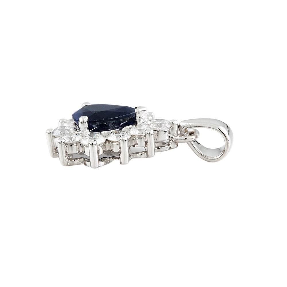 9ct White Gold 0.95ct Round Brilliant Cut Diamonds and 1.30ct Pear Shape Blue Sapphire Cluster Pendant