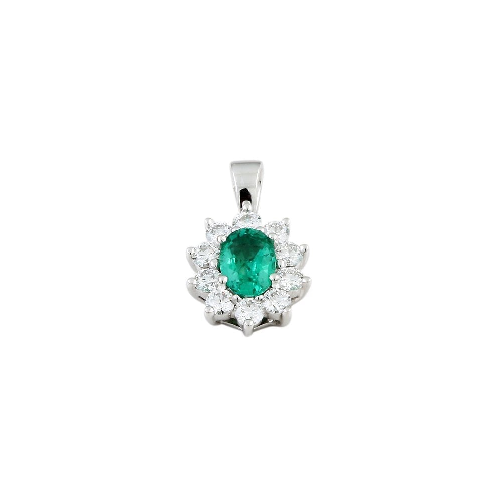 9ct White Gold 0.65ct Round Brilliant Cut Diamonds and 0.70ct Oval Emerald Cluster Pendant