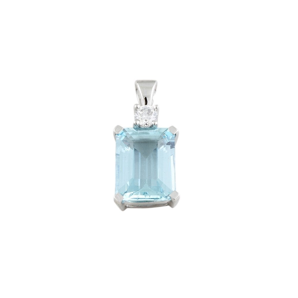 9ct White Gold 0.15ct Round Brilliant Cut Diamond and 3.30ct Emerald Cut Aquamarine Pendant