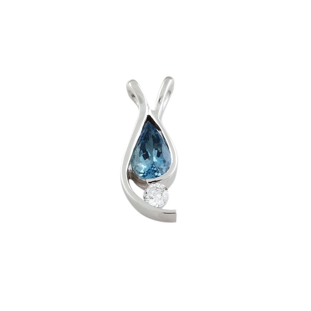 9ct White Gold 0.20ct Round Brilliant Cut Diamond and 1.00ct Pear Shape Aquamarine Pendant