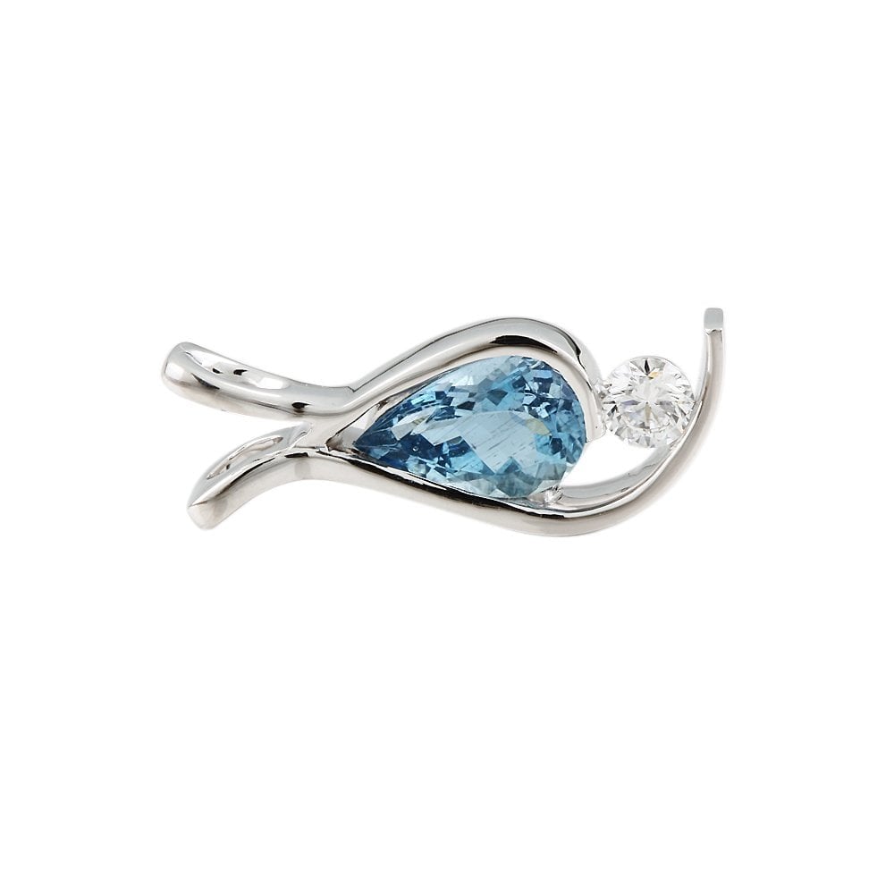 9ct White Gold 0.20ct Round Brilliant Cut Diamond and 1.00ct Pear Shape Aquamarine Pendant