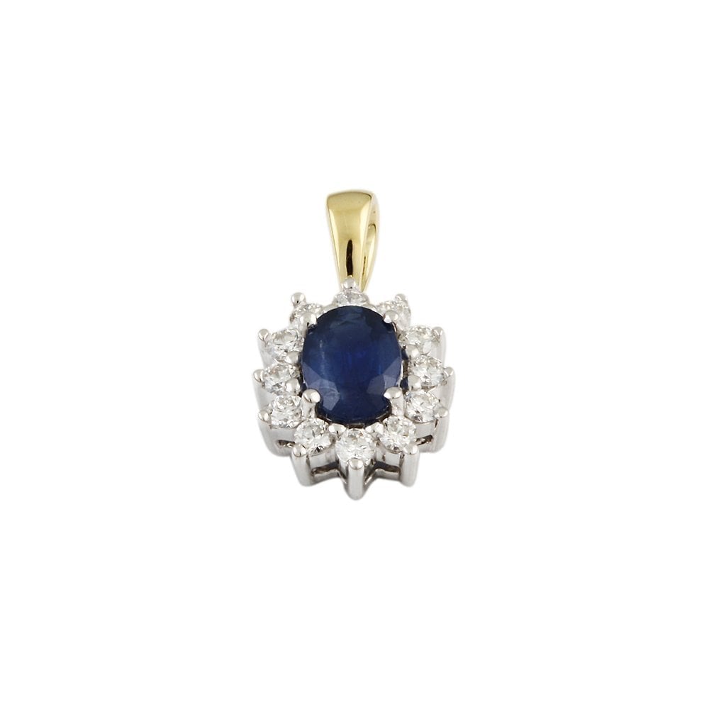 9ct Yellow and White Gold 0.35ct Round Brilliant Cut Diamonds and 0.70ct Oval Blue Sapphire Cluster Pendant
