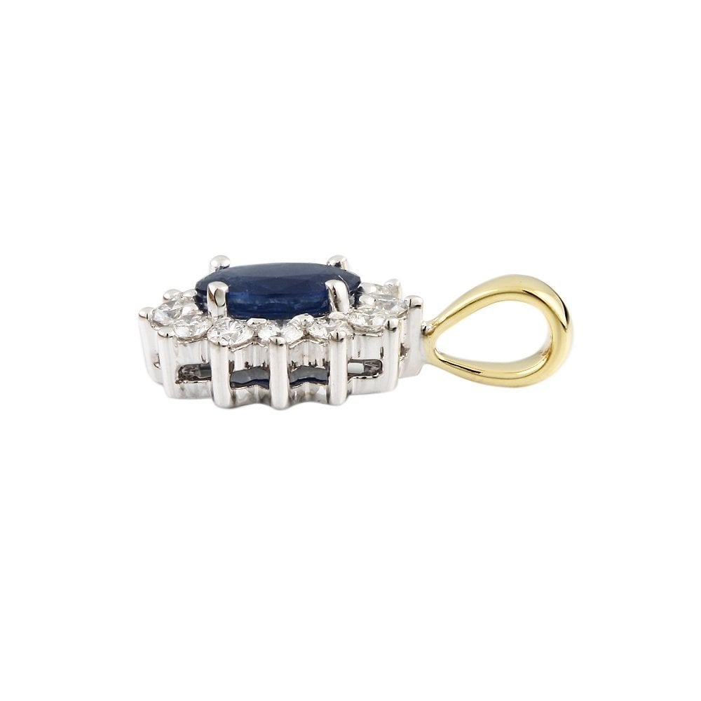 9ct Yellow and White Gold 0.35ct Round Brilliant Cut Diamonds and 0.70ct Oval Blue Sapphire Cluster Pendant