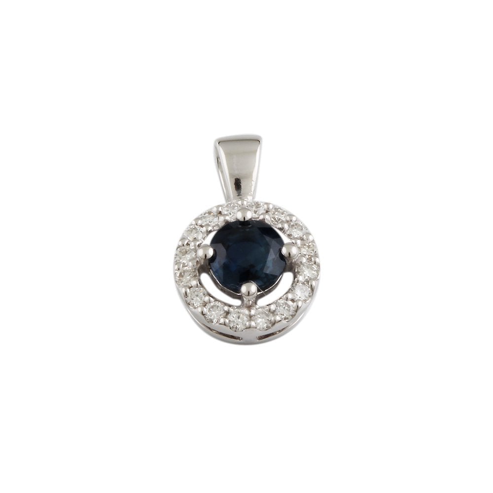 9ct White Gold 0.15ct Round Brilliant Cut Diamonds and 0.50ct Round Blue Sapphire Cluster Pendant