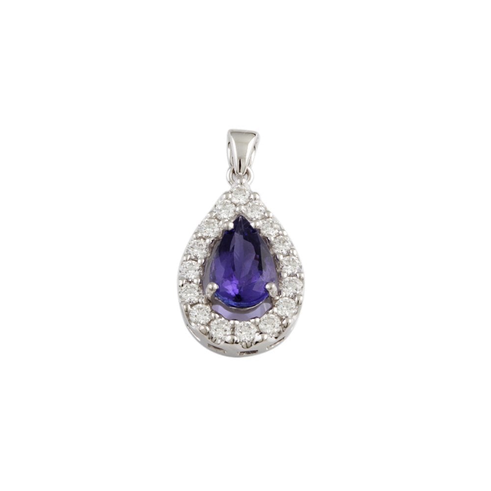 9ct White Gold 0.80ct Round Brilliant Cut Diamonds and 2.00ct Pear Shape Tanzanite Cluster Pendant