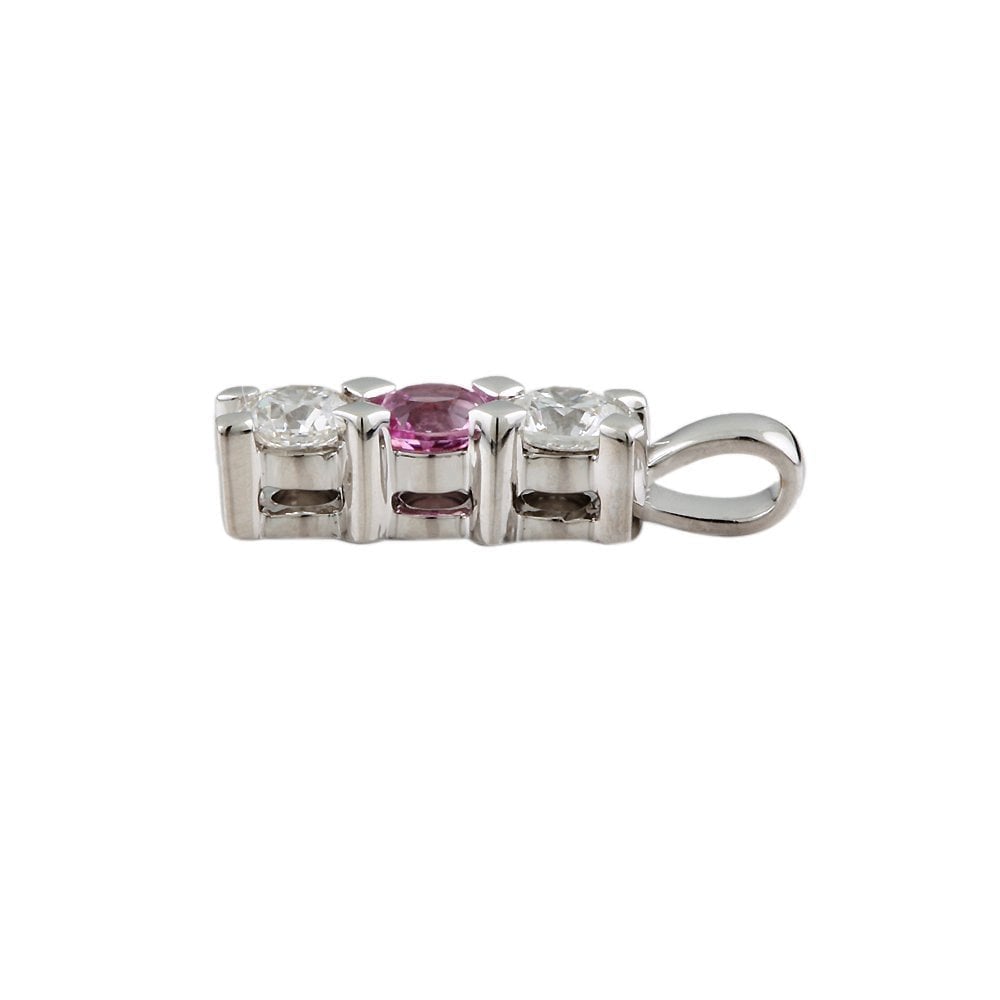 9ct White Gold 0.33ct Round Brilliant Cut Diamond and 0.20ct Round Pink Sapphire Three Stone Pendant