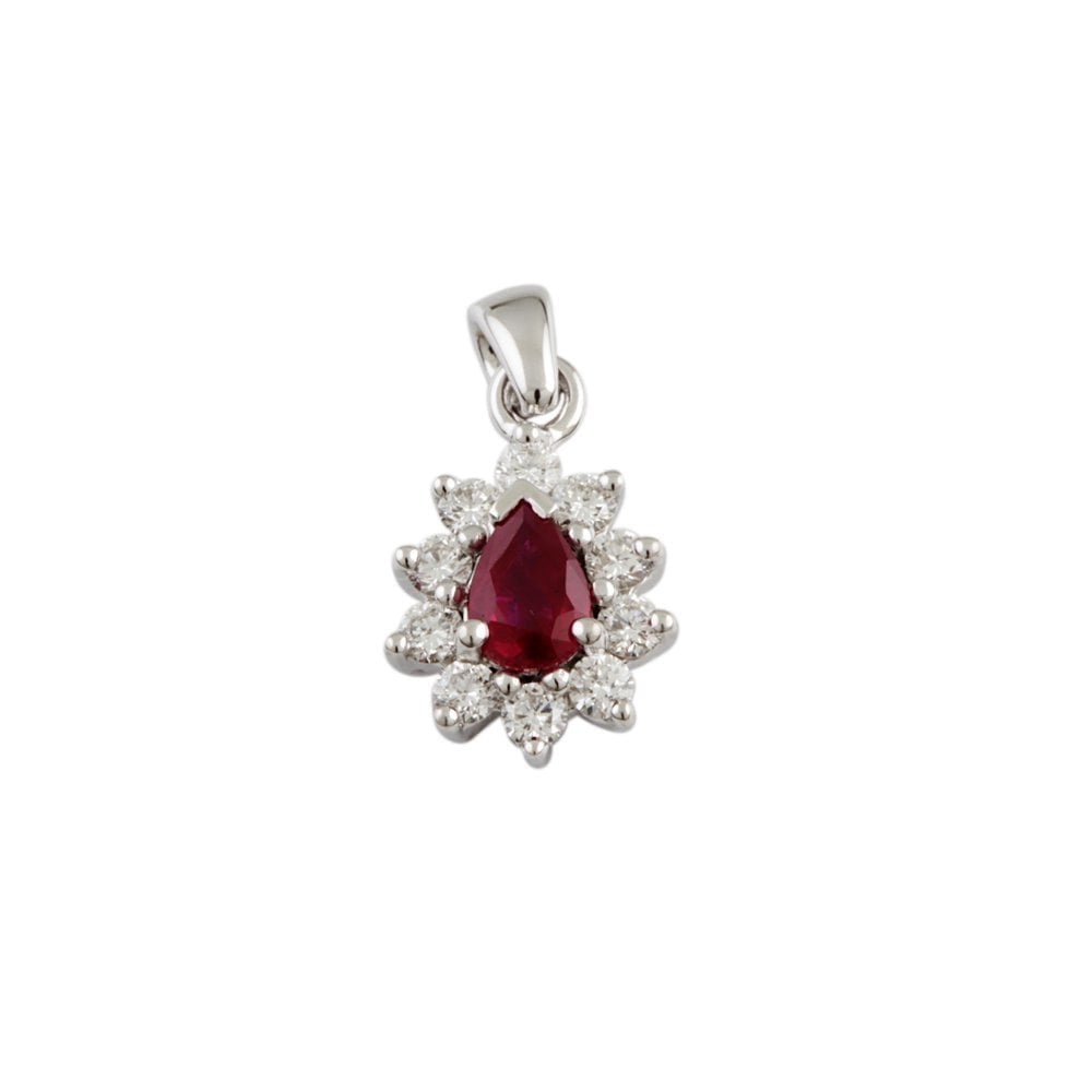 9ct White Gold 0.30ct Round Brilliant Cut Diamond and 0.40ct Pear Shape Ruby Cluster Pendant