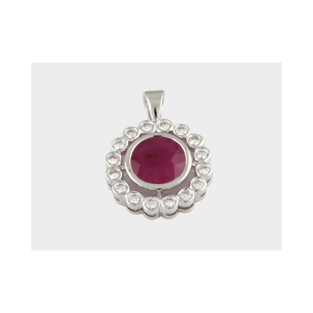 9ct White Gold 0.30ct Round Brilliant Cut Diamond and 1.45ct Round Ruby Cluster Pendant