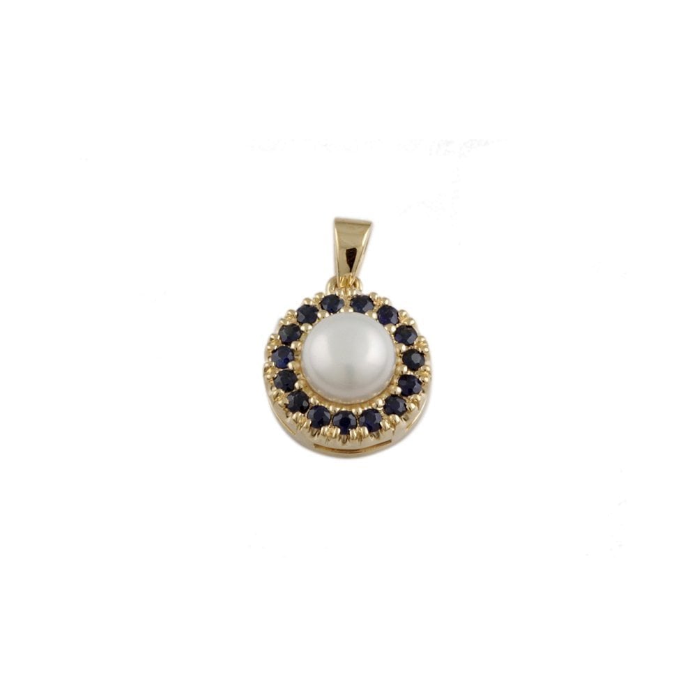 9ct Yellow Gold 1.17ct Round Pearl and 0.31ct Round Blue Sapphire Cluster Pendant