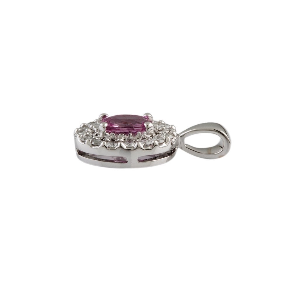 9ct White Gold 0.25ct Round Brilliant Cut Diamond and 0.60ct Oval Pink Sapphire Cluster Pendant