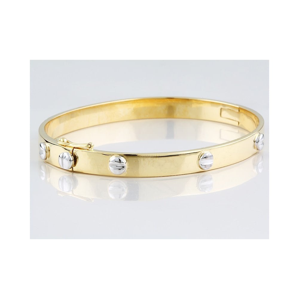 9ct Yellow And White Gold Hinged Solid Bangle With Screw Detail