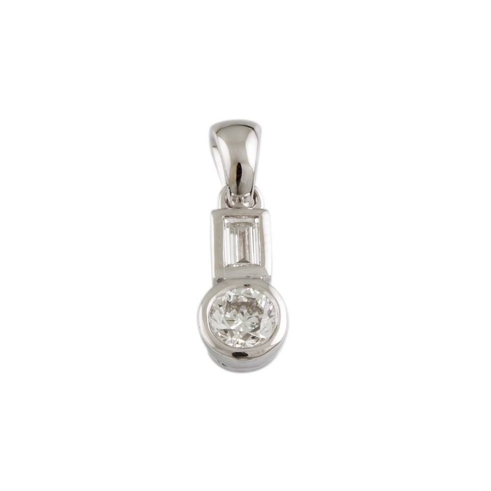 9ct White Gold 0.50ct Round Brilliant Cut Diamond and 0.15ct Baguette Cut Two Stone Pendant