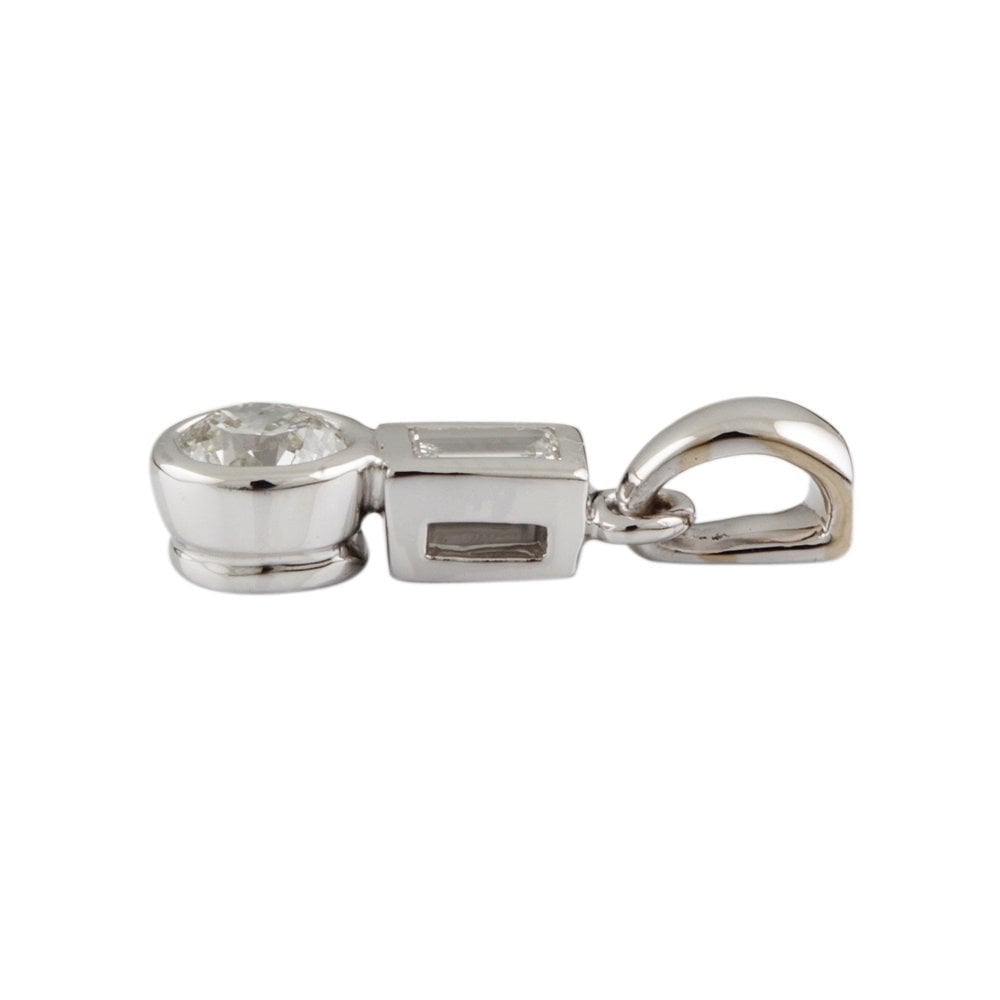 9ct White Gold 0.50ct Round Brilliant Cut Diamond and 0.15ct Baguette Cut Two Stone Pendant
