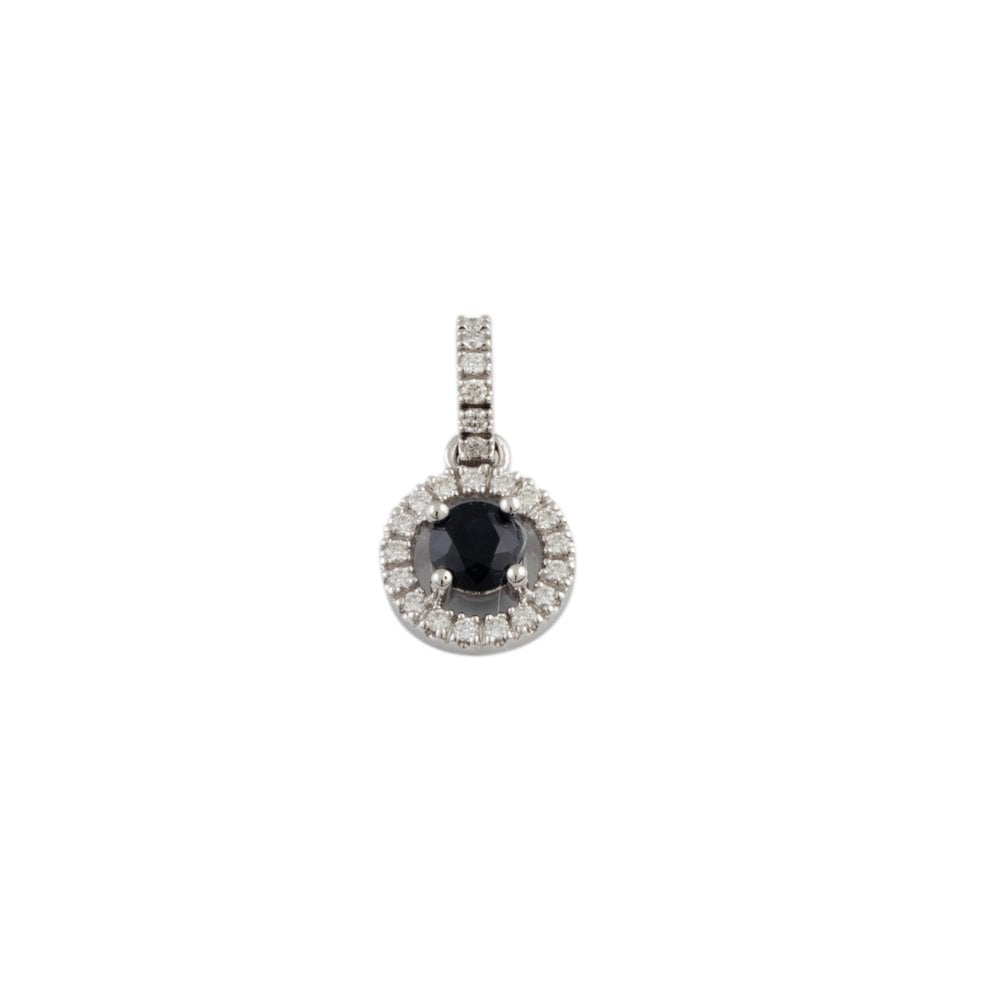 9ct White Gold 0.42ct Round Brilliant Cut Diamonds and 1.20ct Round Blue Sapphire Cluster Pendant