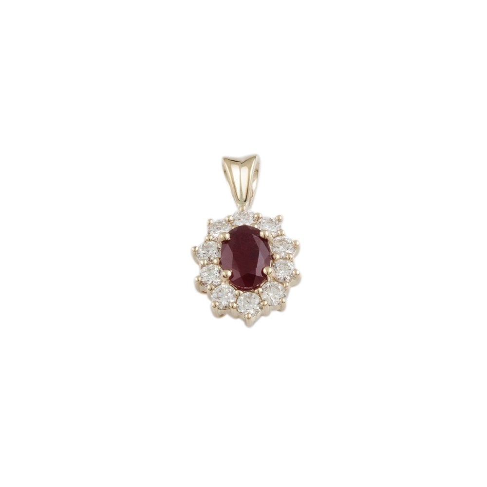 9ct Yellow Gold 0.61ct Round Brilliant Cut Diamonds and 0.99ct Oval Ruby Cluster Pendant