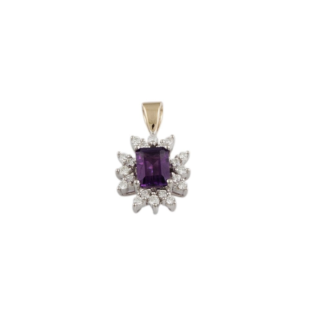 9ct Yellow and White Gold 0.33ct Round Brilliant Cut Diamonds and 0.95ct Octagon Shape Amethyst Cluster Pendant