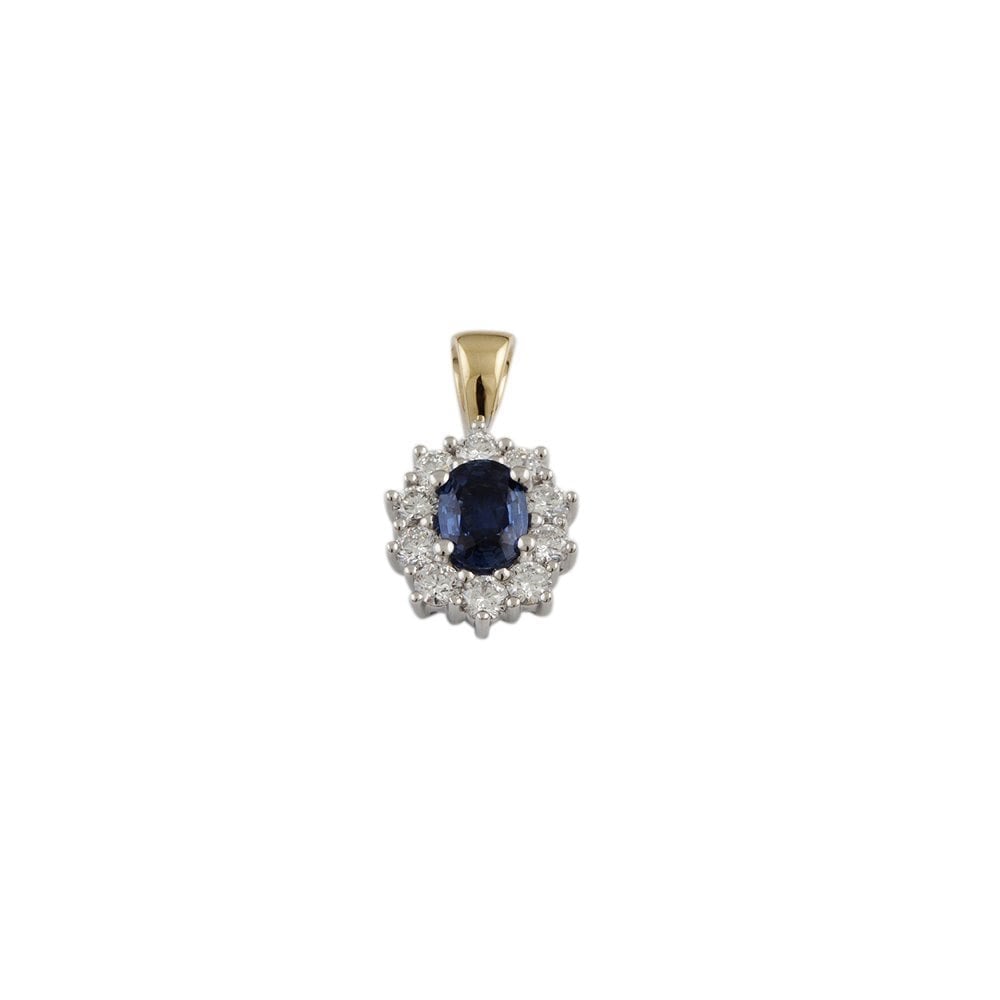 9ct Yellow and White Gold 0.66ct Round Brilliant Cut Diamonds and 0.80ct Oval Blue Sapphire Cluster Pendant