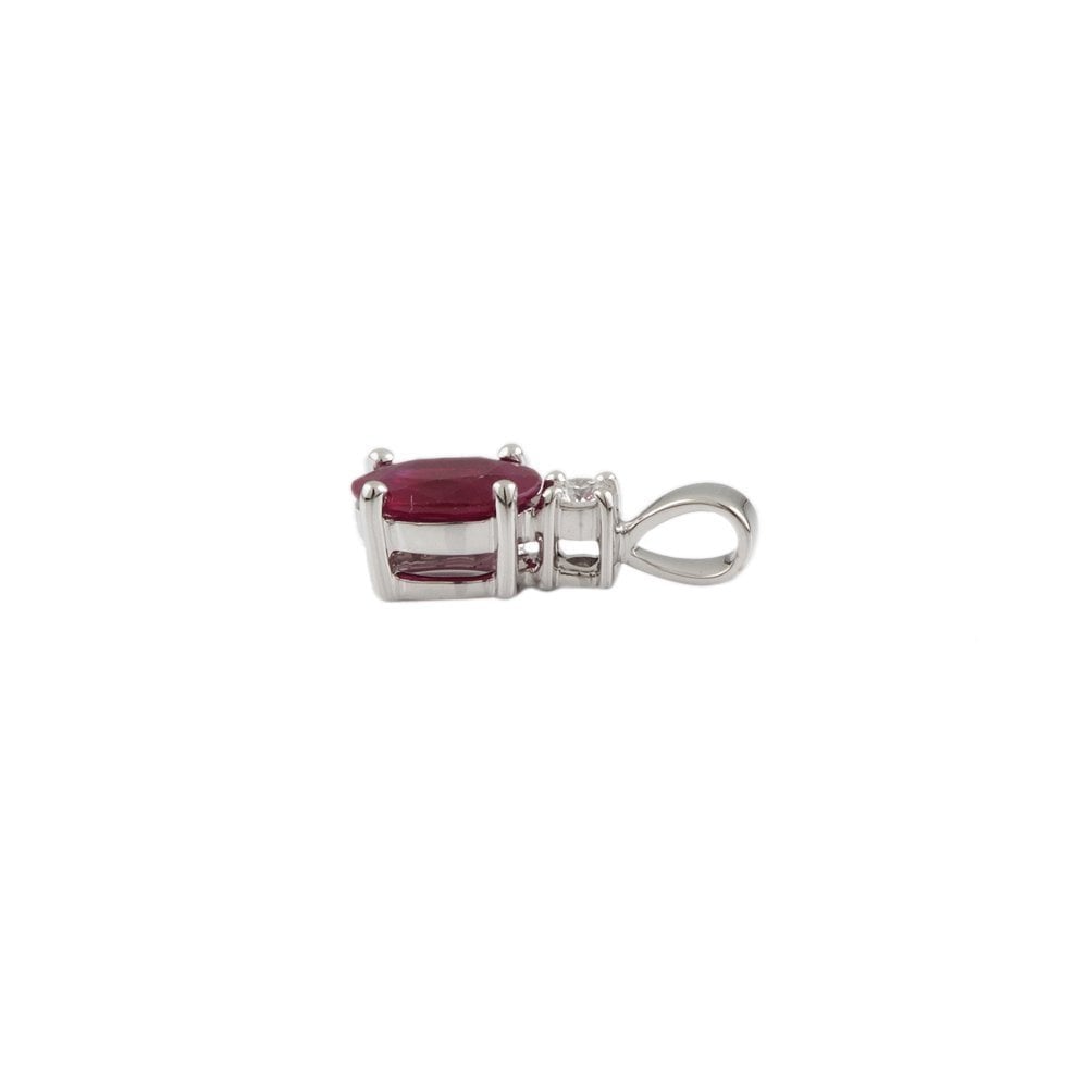 9ct White Gold 0.05ct Round Brilliant Cut Diamonds and 0.73ct Oval Ruby Two Stone Pendant