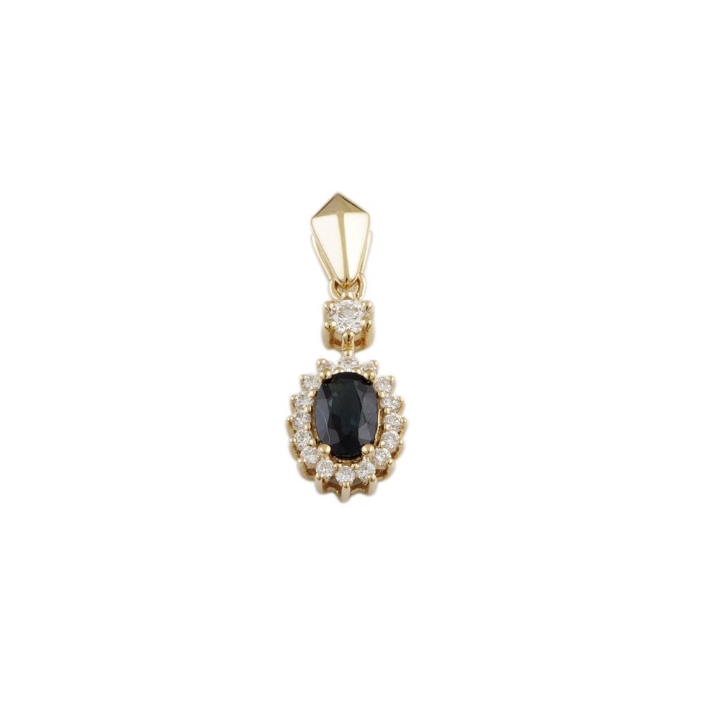 9ct Yellow Gold 0.22ct Round Brilliant Cut Diamonds and 0.65ct Oval Blue Sapphire Pendant