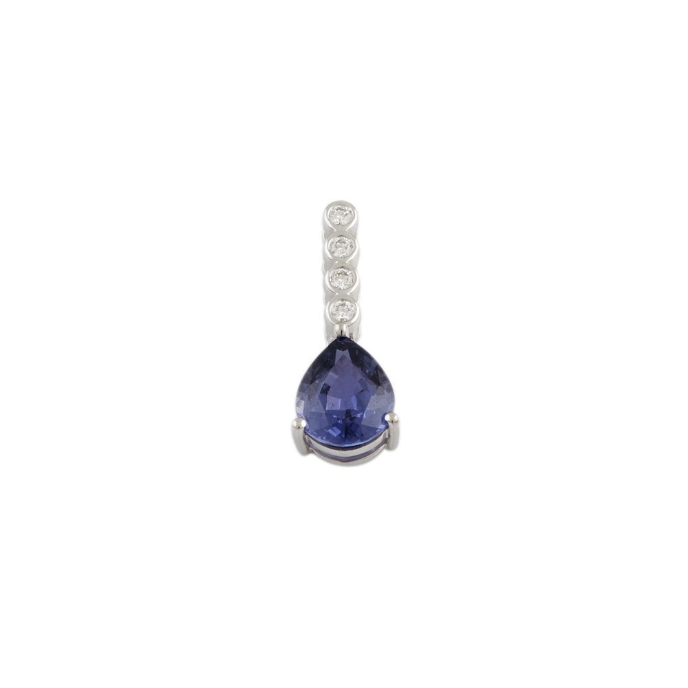 9ct White Gold 0.11ct Round Brilliant Cut Diamonds  and 2.66ct Pear Blue Sapphire Drop Pendant