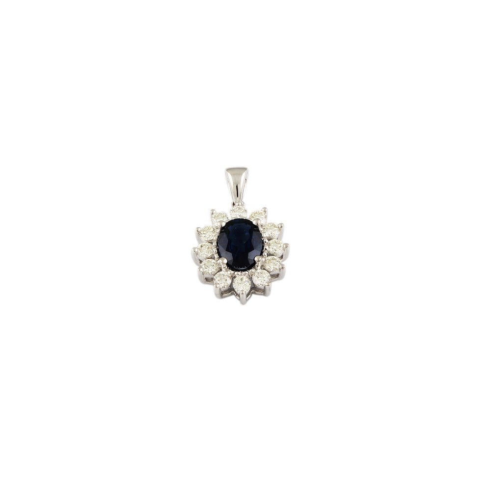 9ct White Gold 0.83ct Round Brilliant Cut Diamonds and 1.92ct Oval Blue Sapphire Cluster Pendant