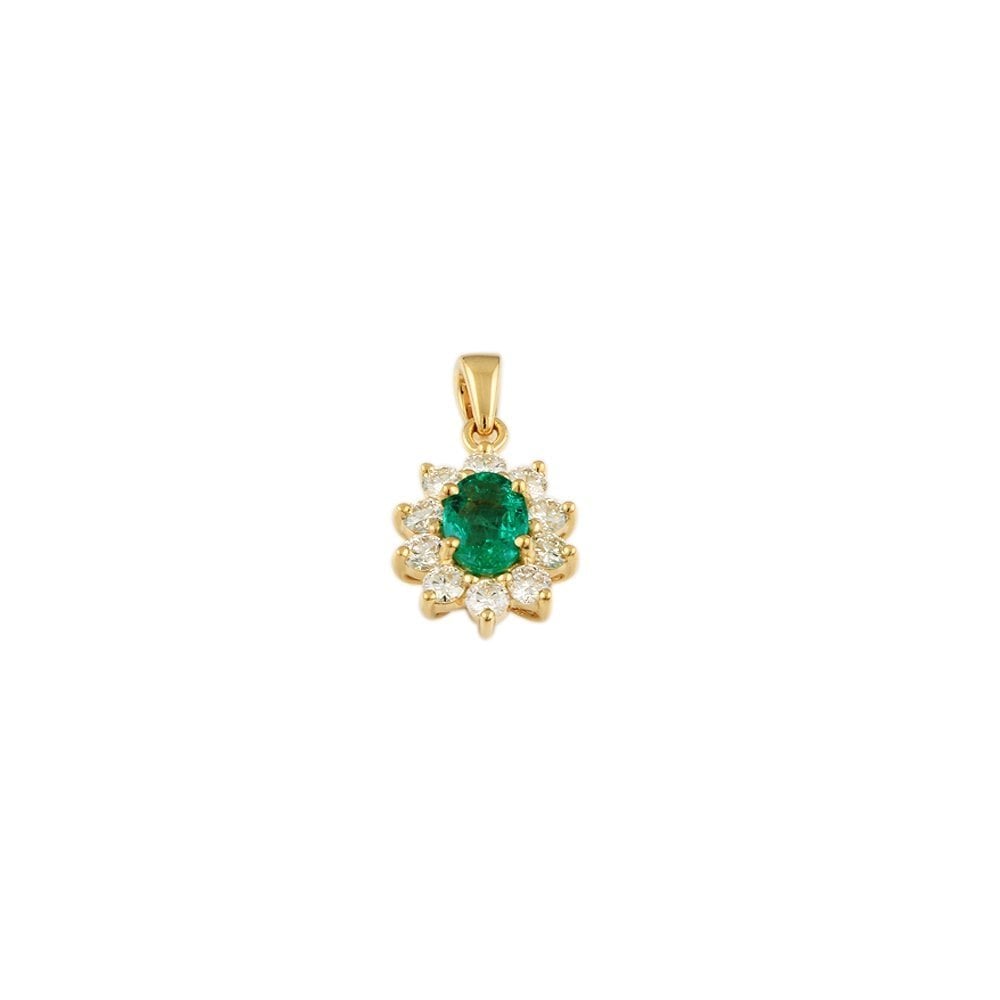 9ct Yellow Gold 0.68ct Round Brilliant Cut Diamond and 0.77ct Oval Emerald Cluster Pendant