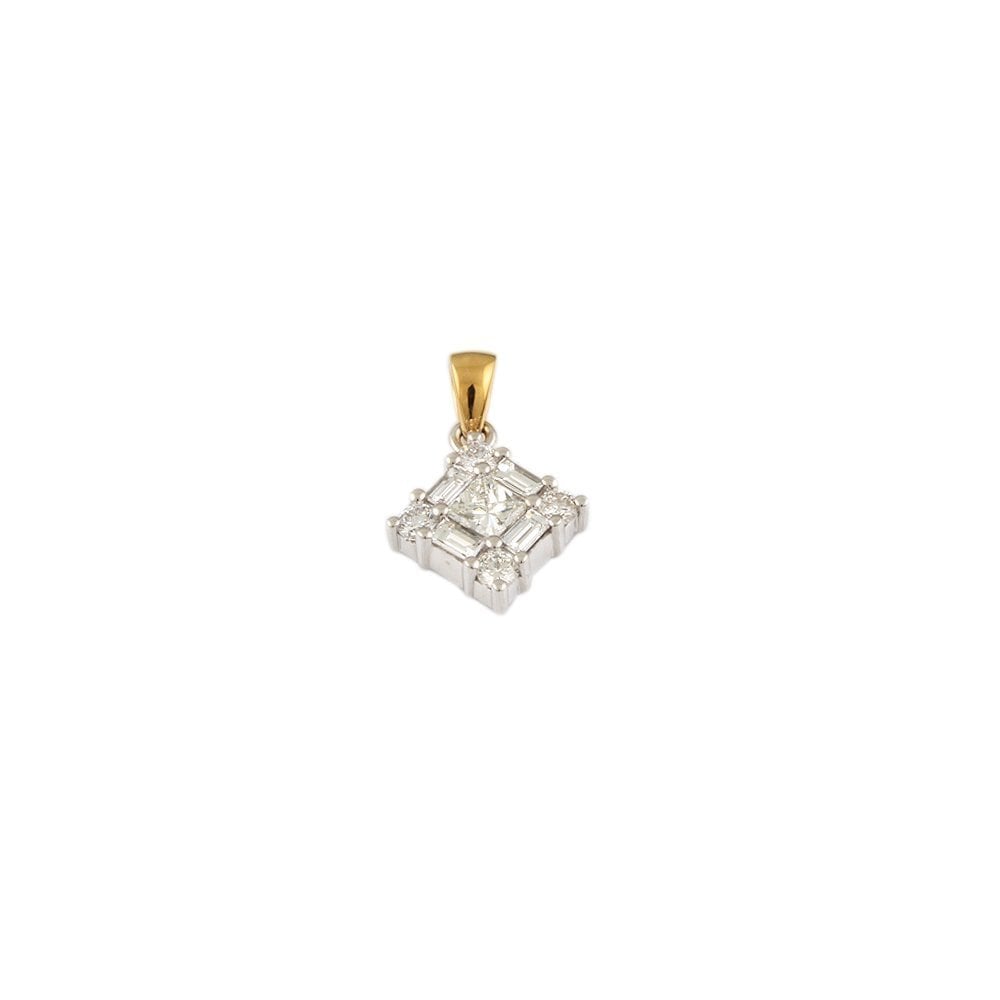 9ct Yellow and White Gold 0.75ct Round Brilliant and 0.35ct Baguette Cut Diamonds Cluster Pendant