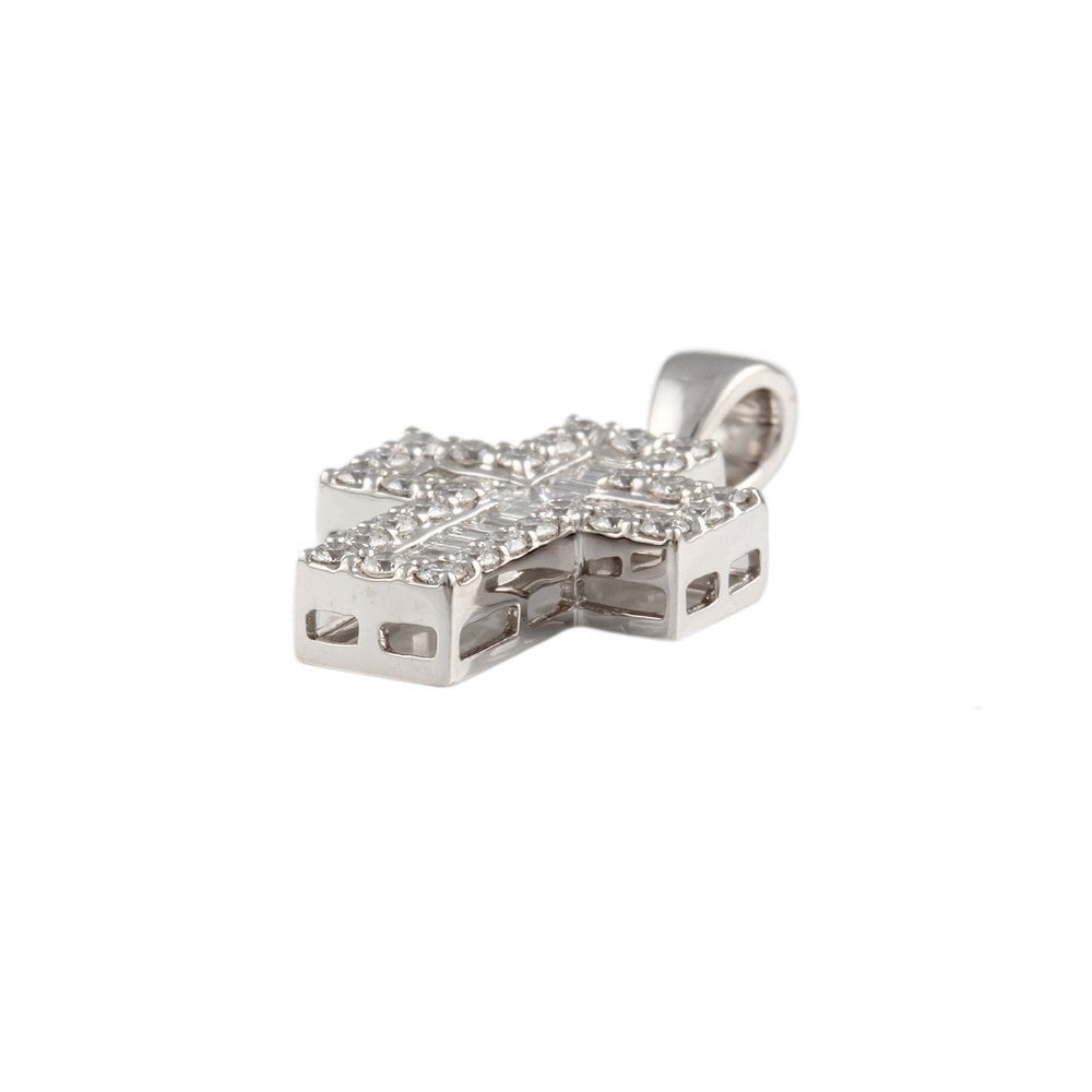 9ct White Gold 0.39ct Round Brilliant, 0.22ct Baguette Cut and 0.07ct Princess Cut Diamonds Cross Pendant