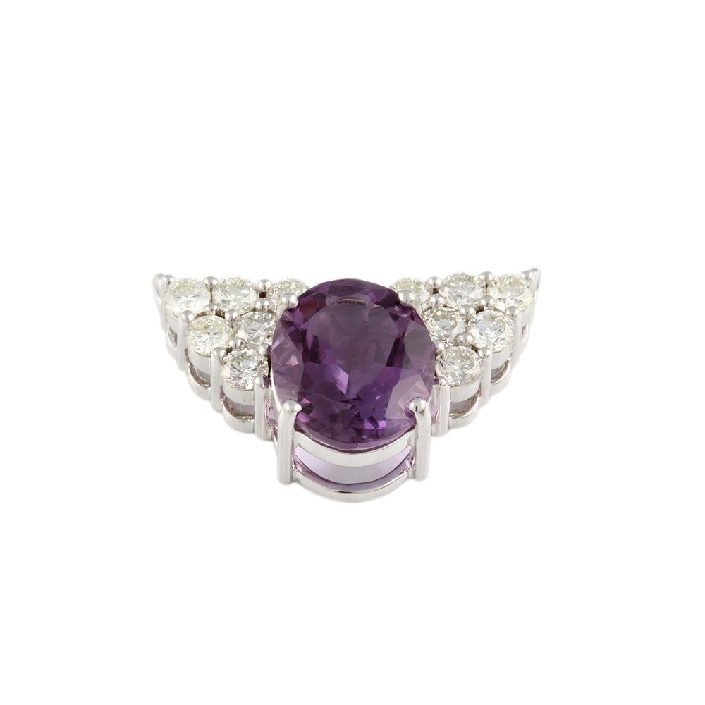 9ct White Gold 1.22ct Round Brilliant Cut Diamond and 4.22ct Oval Amethyst Cluster Pendant