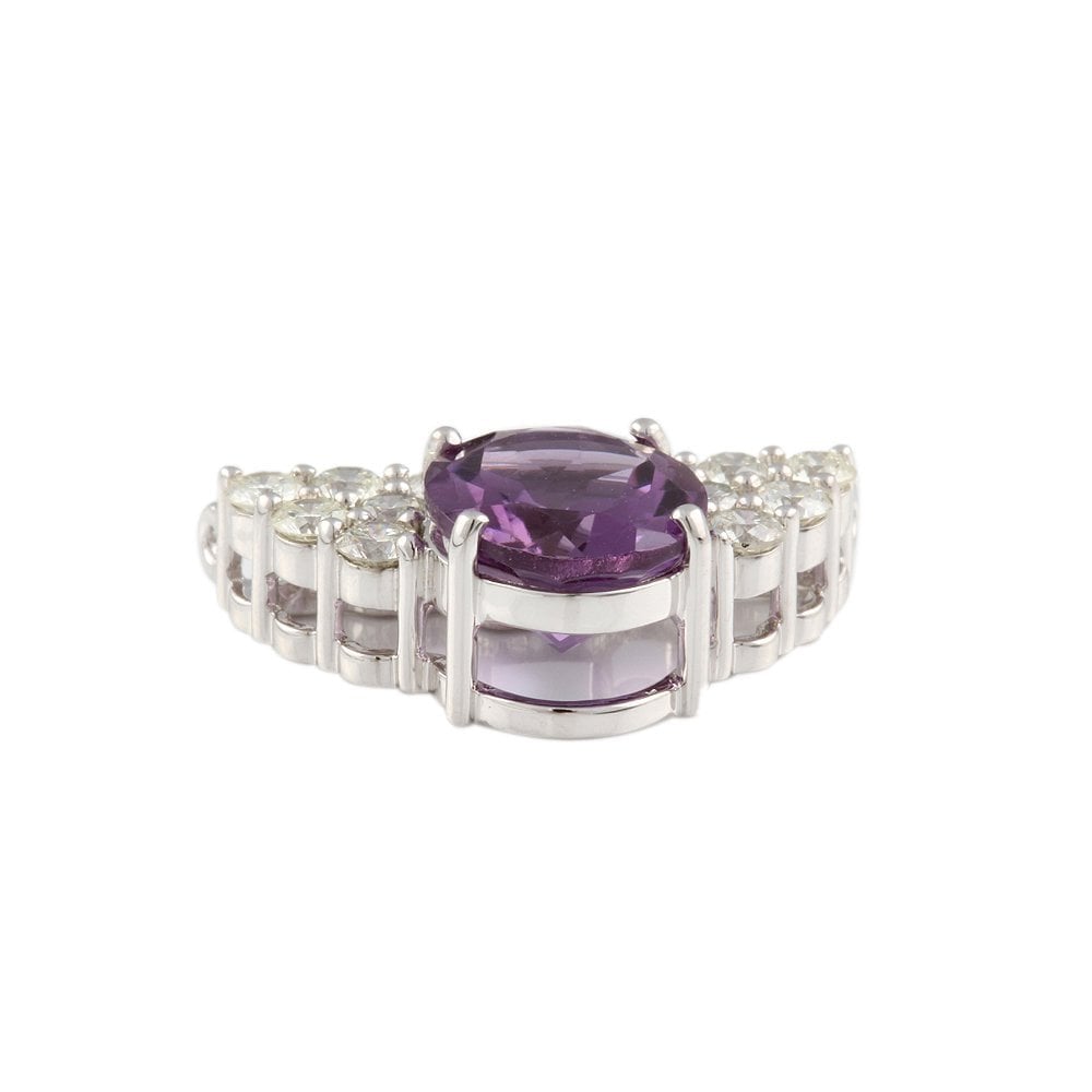 9ct White Gold 1.22ct Round Brilliant Cut Diamond and 4.22ct Oval Amethyst Cluster Pendant