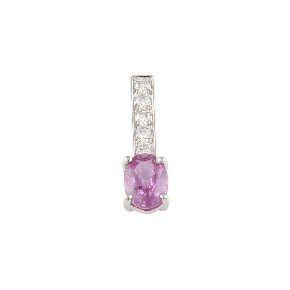 9ct White Gold 0.16ct Round Brilliant Cut Diamond and 1.28ct Oval Pink Sapphire Drop Pendant