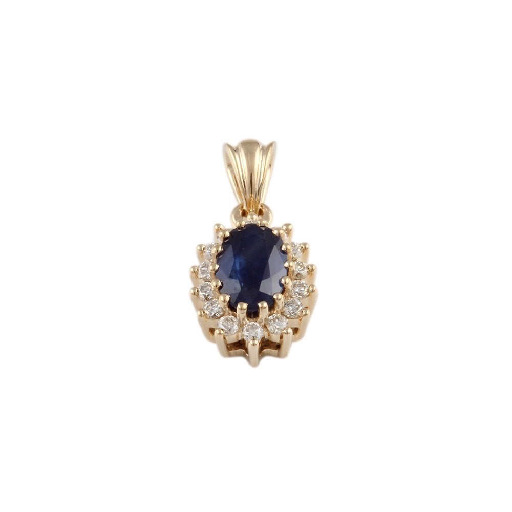 9ct Yellow Gold 0.12ct Round Brilliant Cut Diamonds and 0.53ct Oval Blue Sapphire Drop Pendant