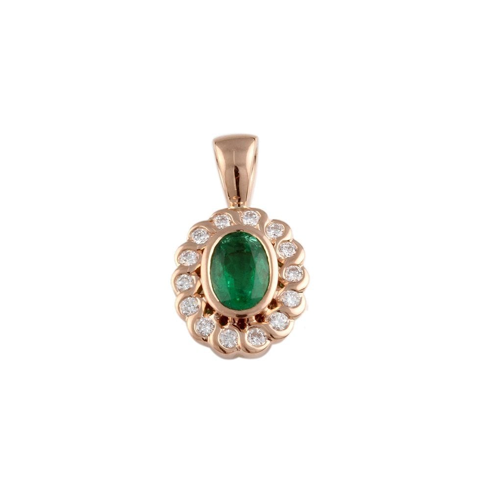 9ct Yellow Gold 0.21ct Round Brilliant Cut Diamonds and 0.83ct Oval Emerald Cluster Pendant
